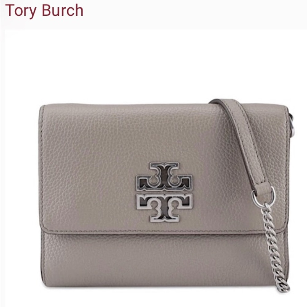 TORY BURCH Britten French leather crossbody bag with chain and leather strap